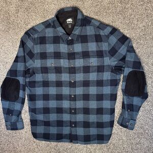 ROOTS Canada Men’s Park Plaid Flannel Button Front Shirt Elbow Patches Blue XL
